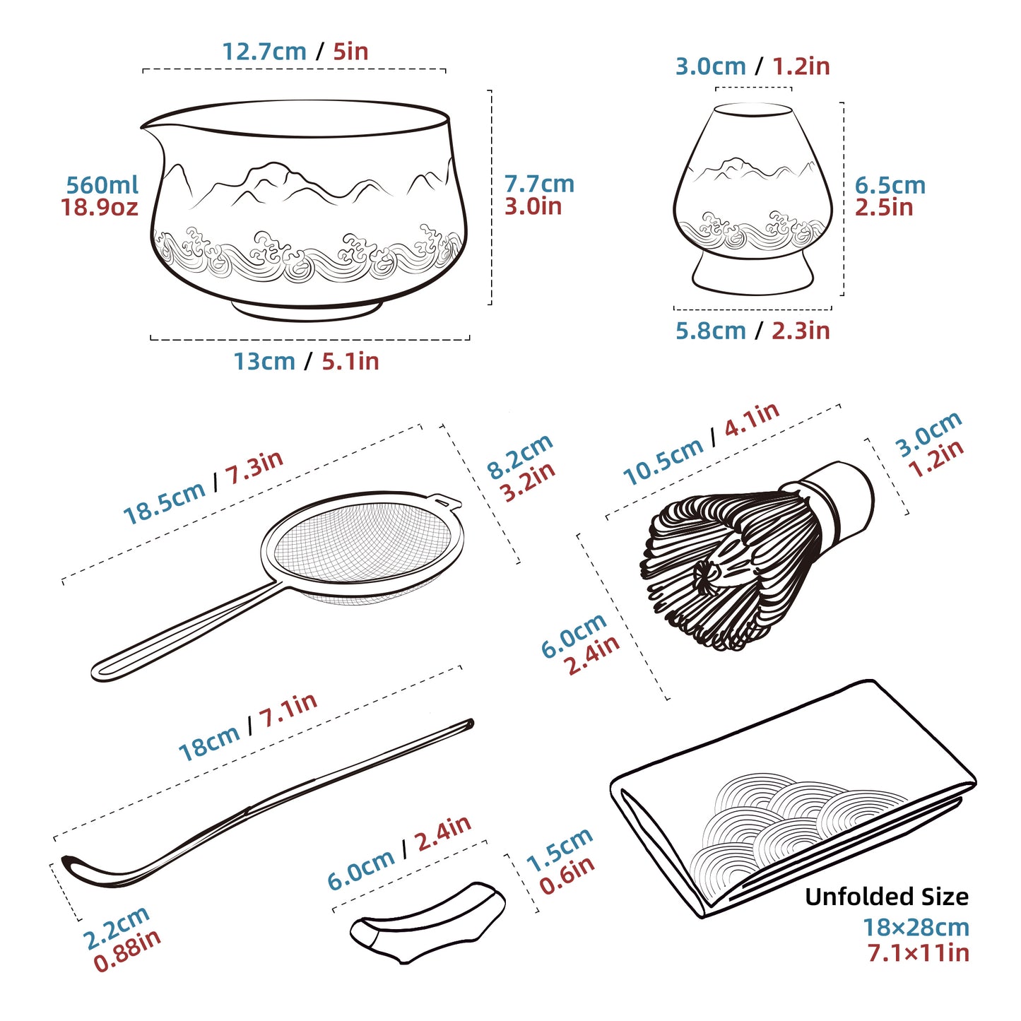 Set de Matcha para principiantes, cuenco puntiagudo blanco y negro con paisaje