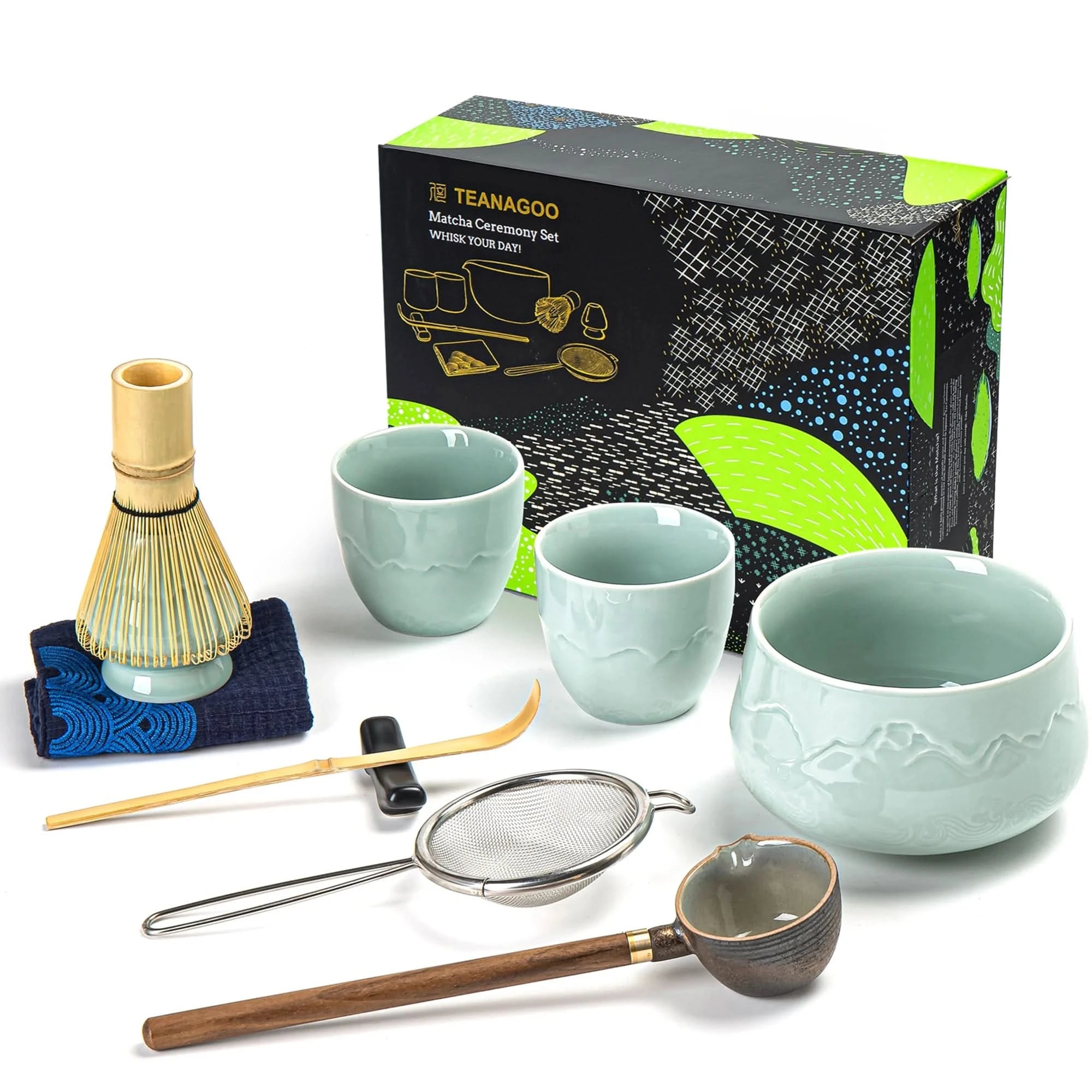 BAIFULAI Matcha, set da tè Matcha, 5 pezzi, frusta in ceramica, set da tè giapponese, ciotola per matcha, porta frusta, colino, accessori giapponesi per cerimonia matcha (blu colorato BAIFULAI Matcha, set da tè Matcha, 5 pezzi, frusta in ceramica, set da tè giapponese, ciotola per matcha, porta frusta, colino, accessori giapponesi per cerimonia matcha (blu colorato