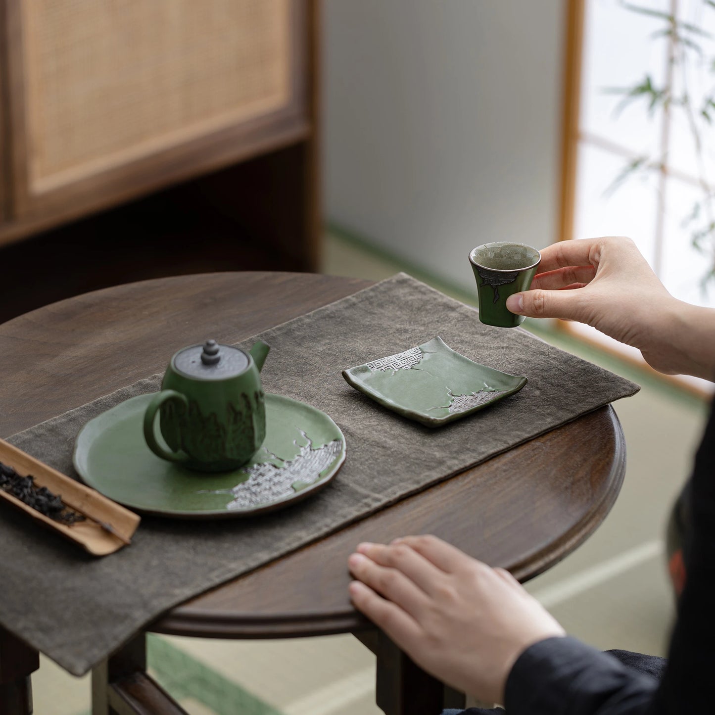 Ancient Script ZEN Cup Mat Bamboo Green