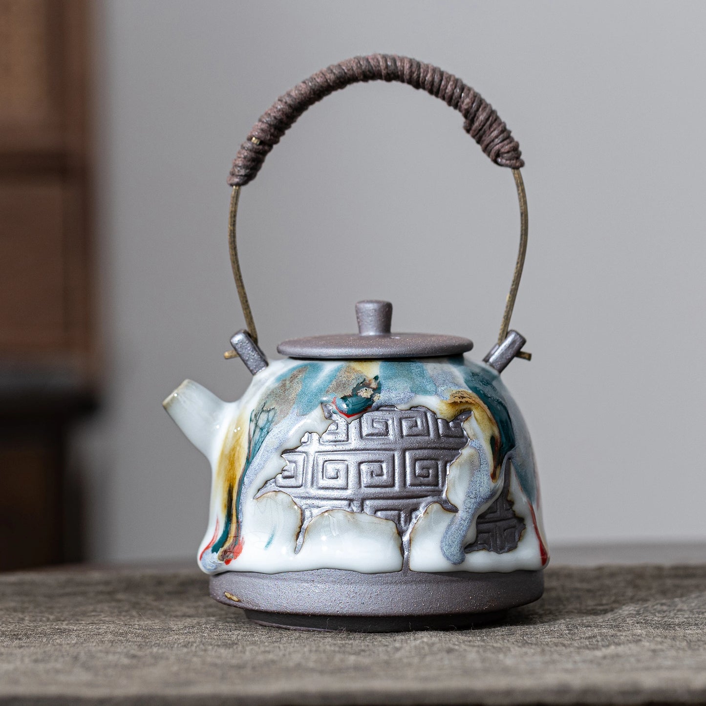 Tetera Zen con asa de puente y escritura antigua Shino Ware, 180 ml
