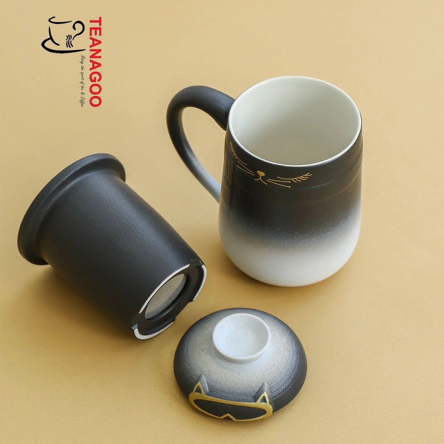 Ceramic Lovely Cat Tea Mug with Infuser & Lid & Color Box Packing
