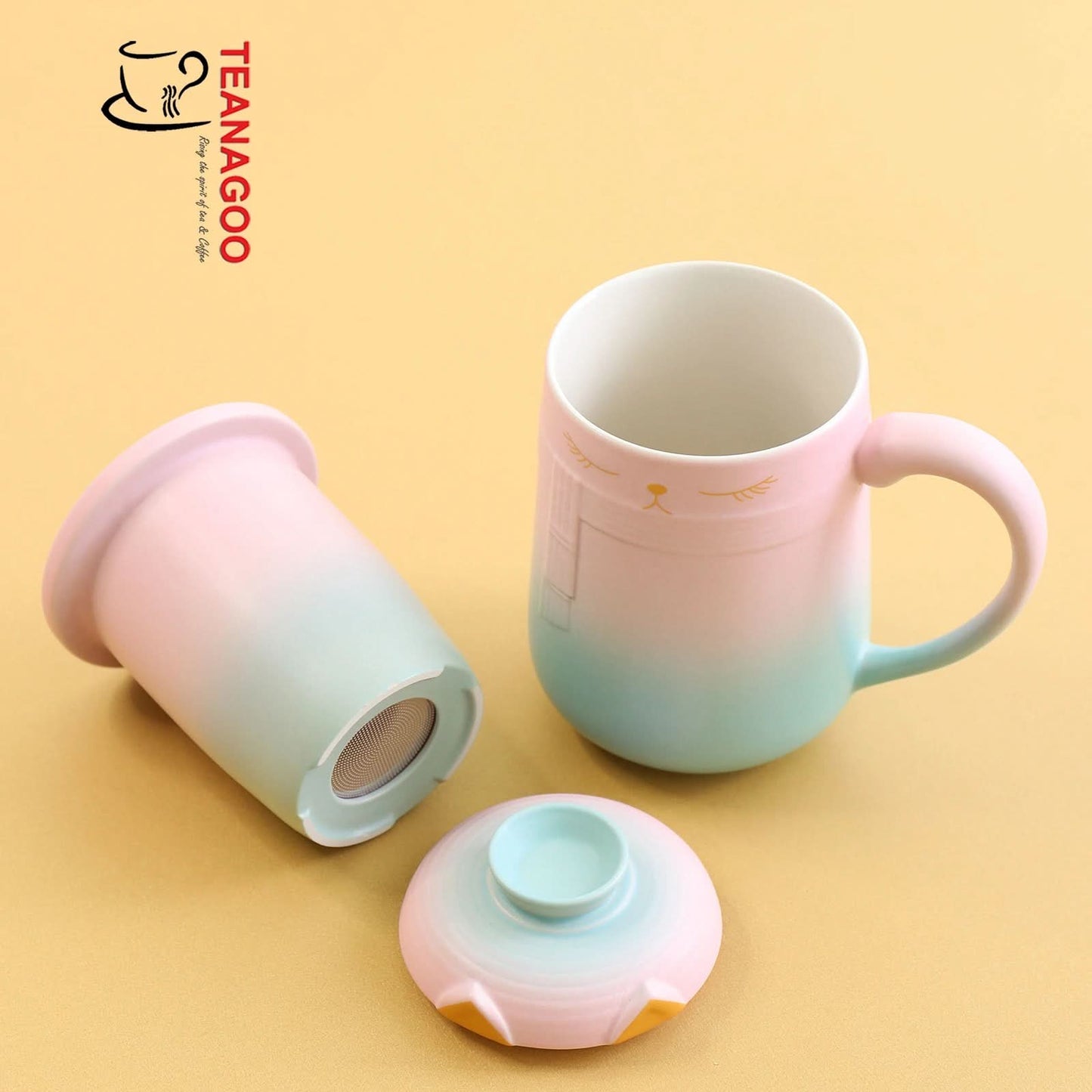 Ceramic Lovely Cat Tea Mug with Infuser & Lid & Color Box Packing