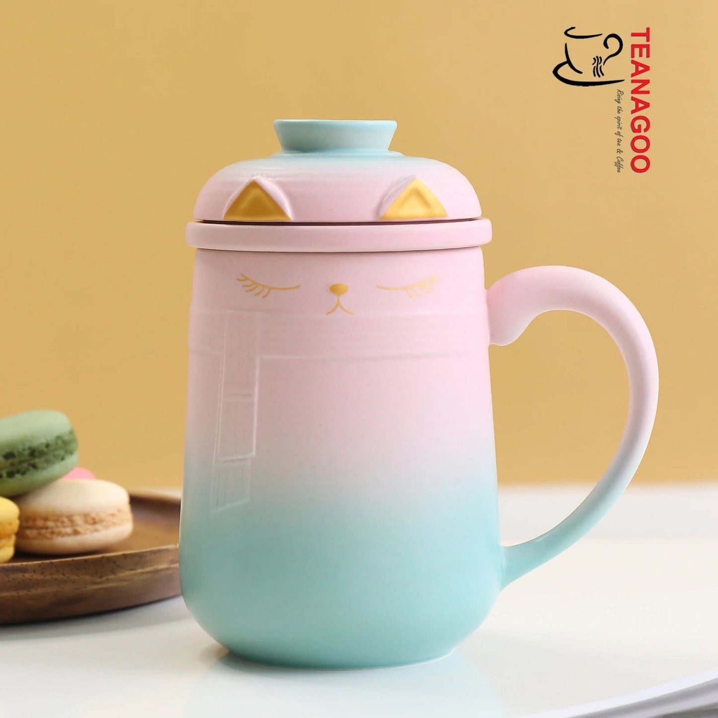 Ceramic Lovely Cat Tea Mug with Infuser & Lid & Color Box Packing