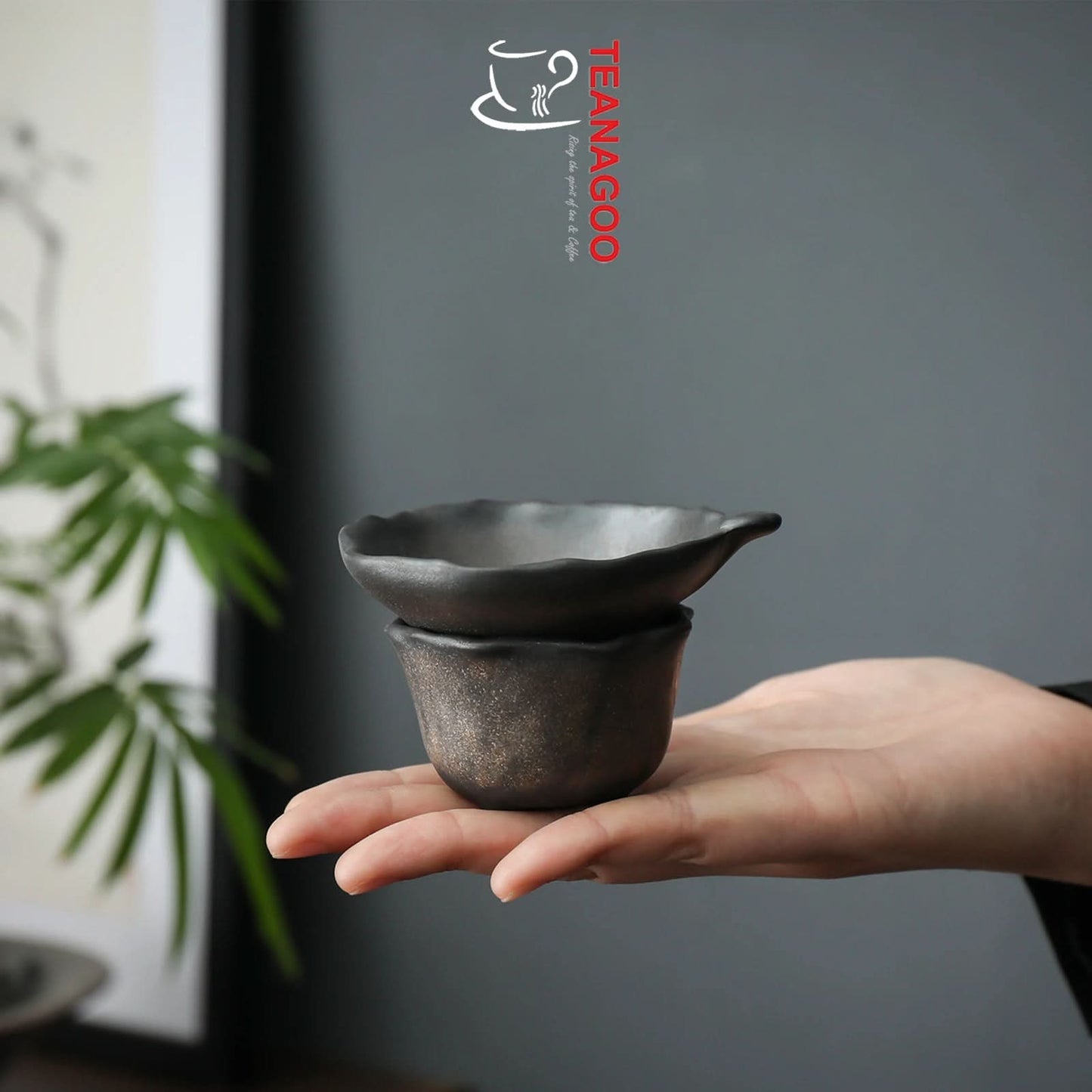 Gilt-Rust Glazed Ceramic Tea Strainer Set Handmade Teaware