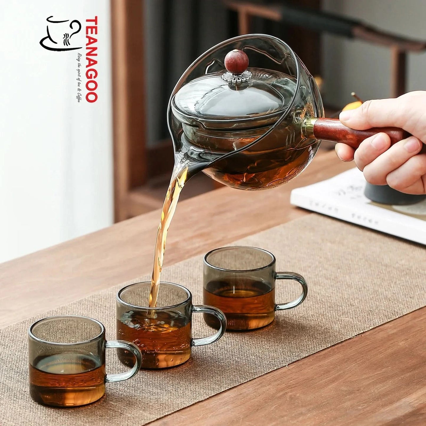 Glass Teapot with Infuser and Rosewood Handle 275ml Safe on Stove for Blooming and Loose Leaf Tea Maker