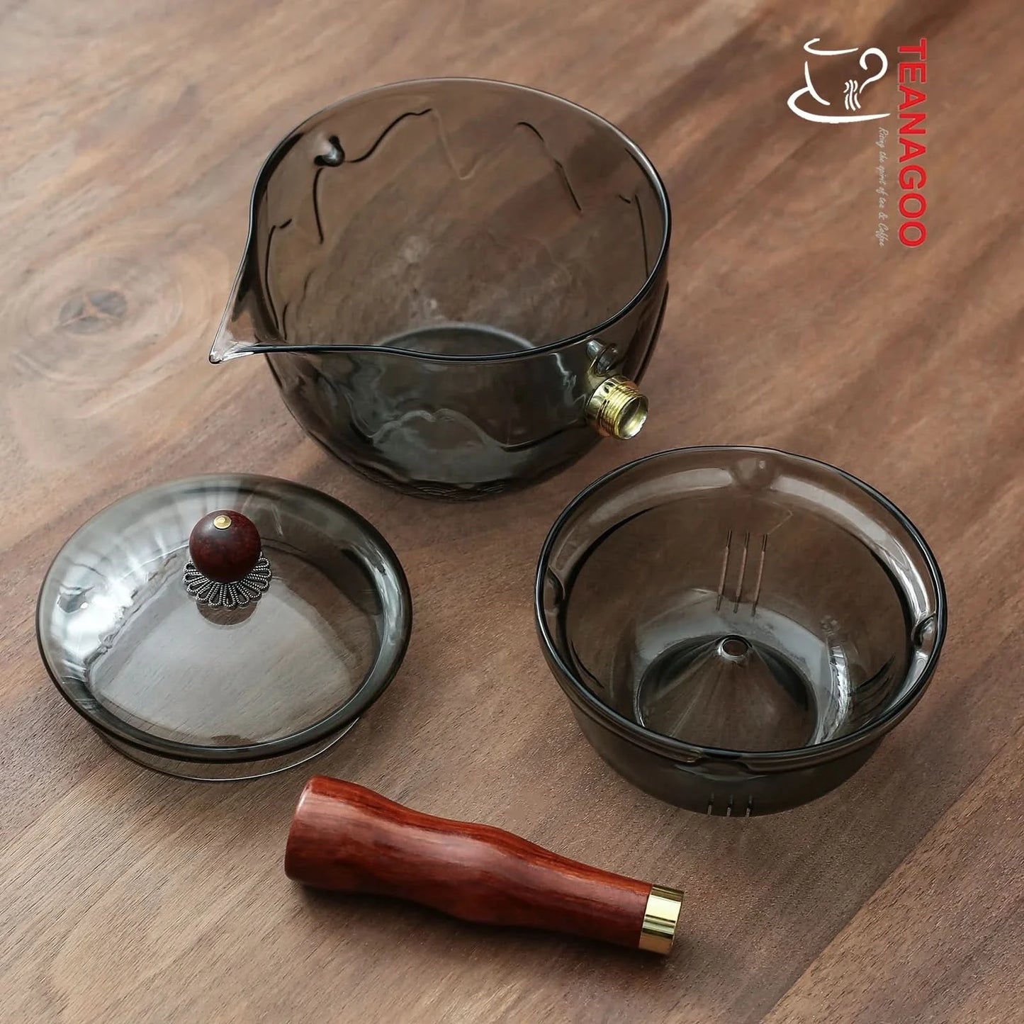 Glass Teapot with Infuser and Rosewood Handle 275ml Safe on Stove for Blooming and Loose Leaf Tea Maker