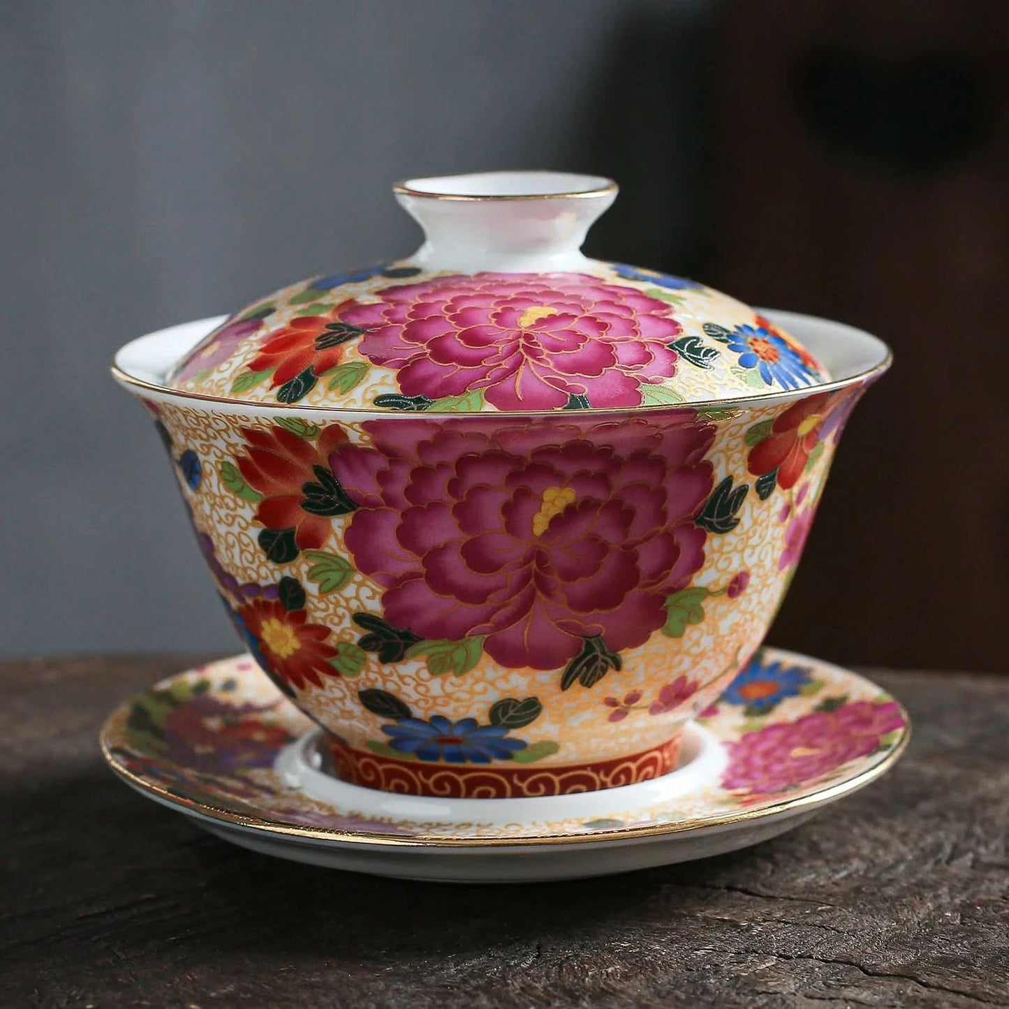 Handcrafted Chinese Porcelain Gaiwan Peony Cover Bowl Set 115ml