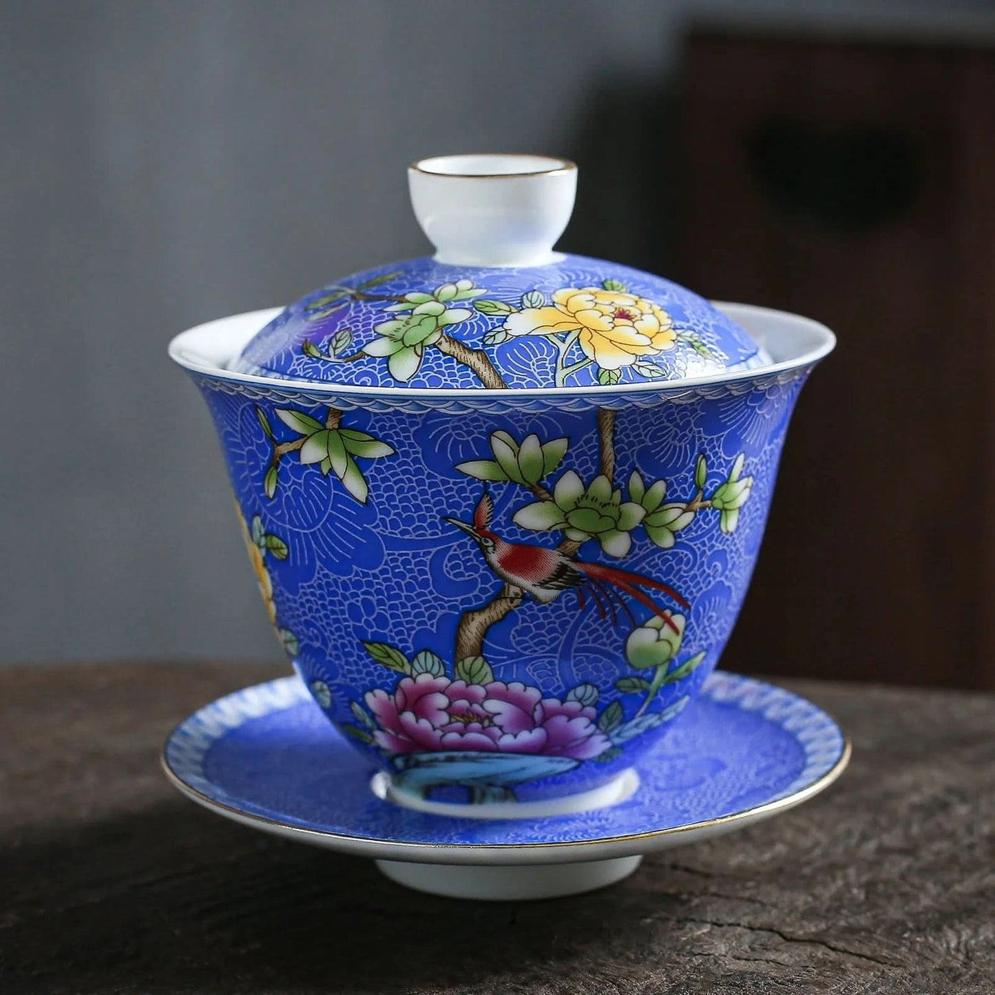 Handmade Ceramic Chinese Navy Porcelain Gongfu Tea Gaiwan 135ml