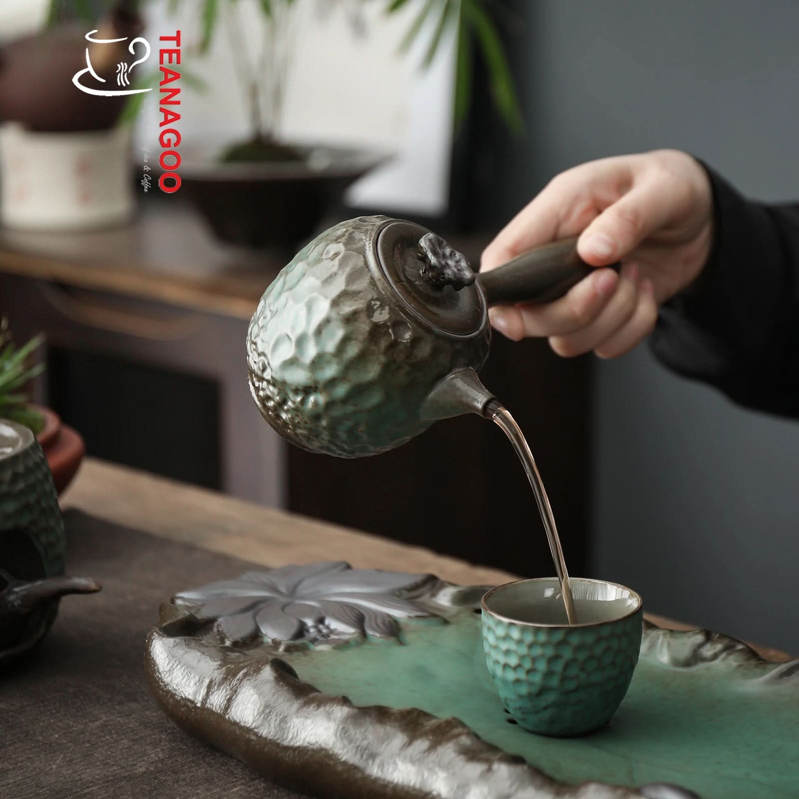 Japanese Cyan Glazed Gongfu Teapot Handmade Ceramic Tea ware