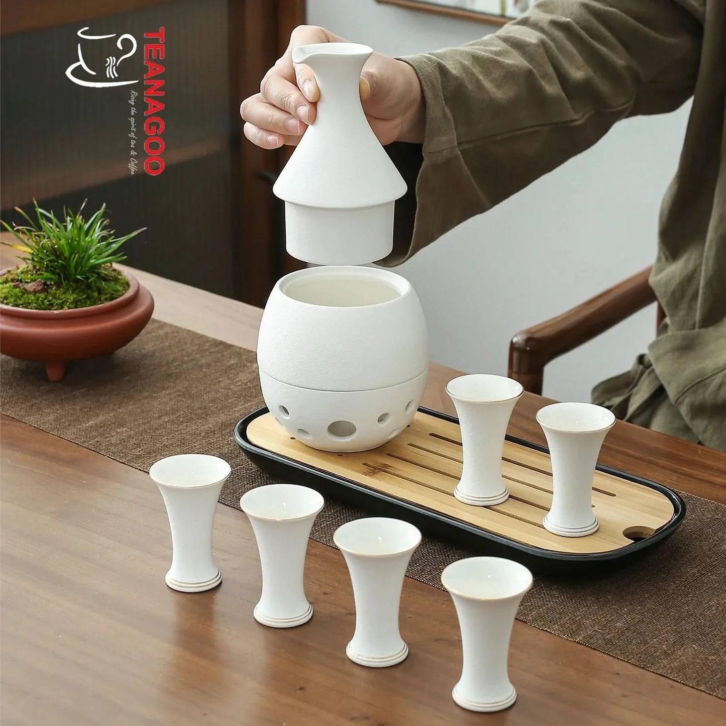 Ceramic Sake Set with Warmer, 10pcs/set, 2 Packing Options Available