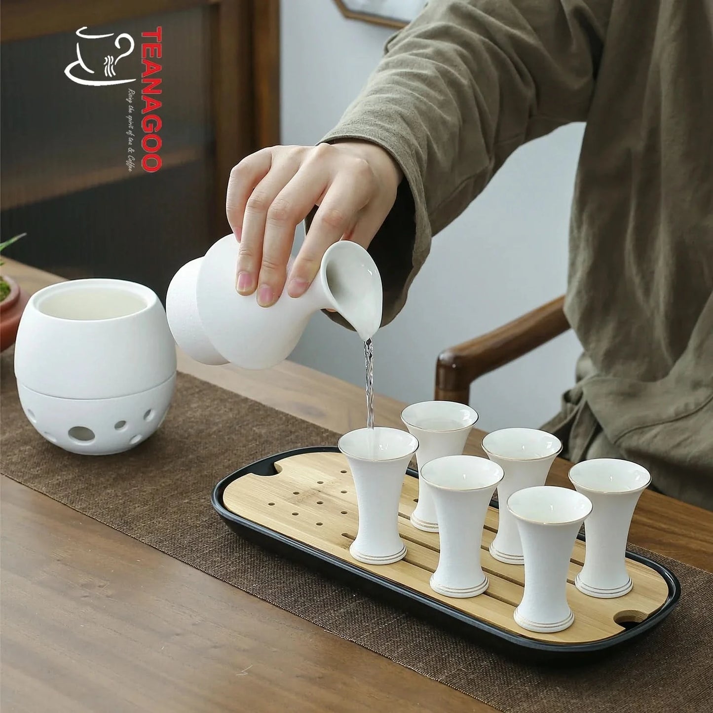 Ceramic Sake Set with Warmer, 10pcs/set, 2 Packing Options Available