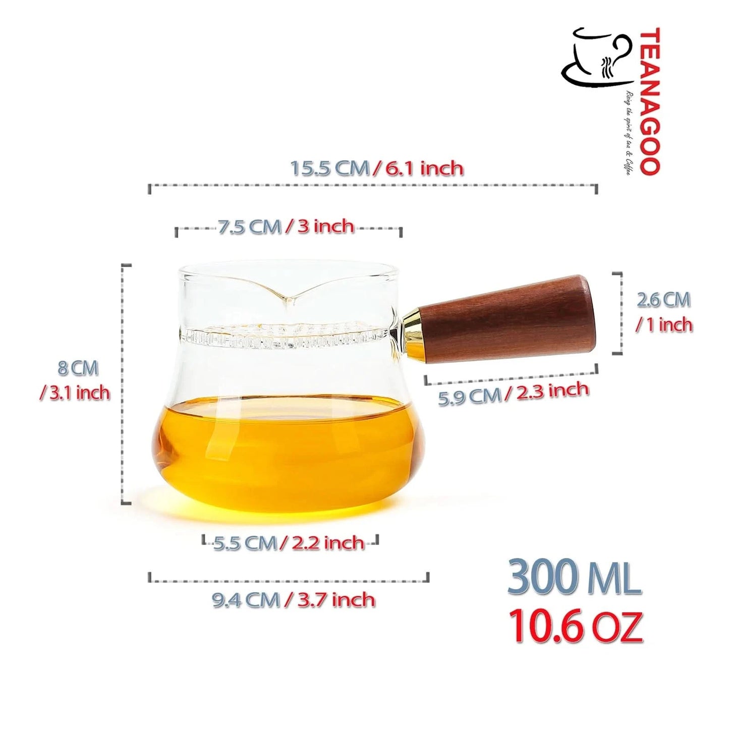 Heat-resistant Glass Fair Cup, with Wooden Handle & Filter Holes, 300ml / 10.6oz