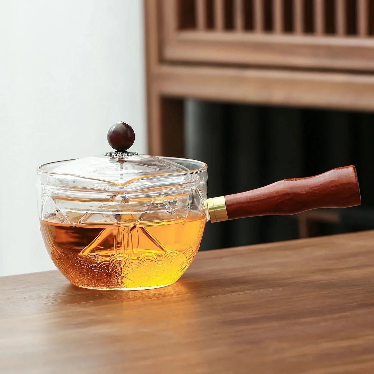 Glass Teapot with Infuser and Rosewood Handle 275ml Safe on Stove for Blooming and Loose Leaf Tea Maker