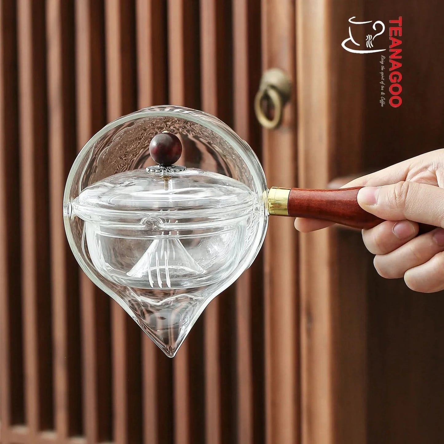 Glass Teapot with Infuser and Rosewood Handle 275ml Safe on Stove for Blooming and Loose Leaf Tea Maker
