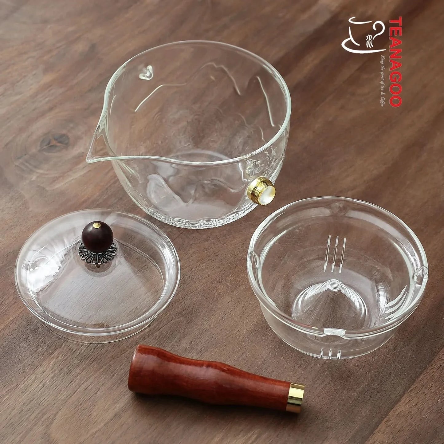 Glass Teapot with Infuser and Rosewood Handle 275ml Safe on Stove for Blooming and Loose Leaf Tea Maker