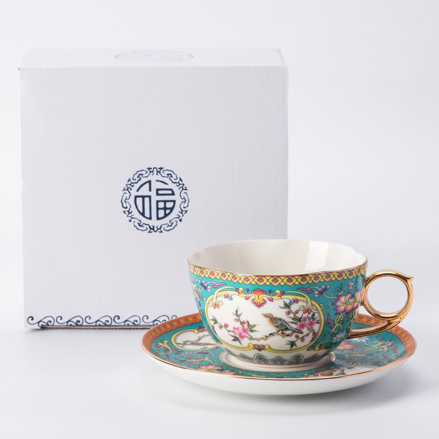Celadon Bird & Blossom Porcelain Coffee Mug & Saucer