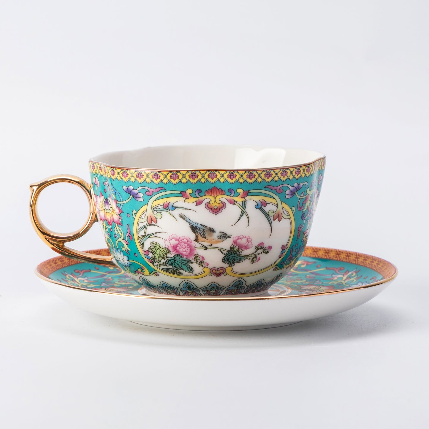 Celadon Bird & Blossom Porcelain Coffee Mug & Saucer