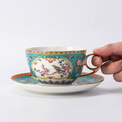 Celadon Bird & Blossom Porcelain Coffee Mug & Saucer
