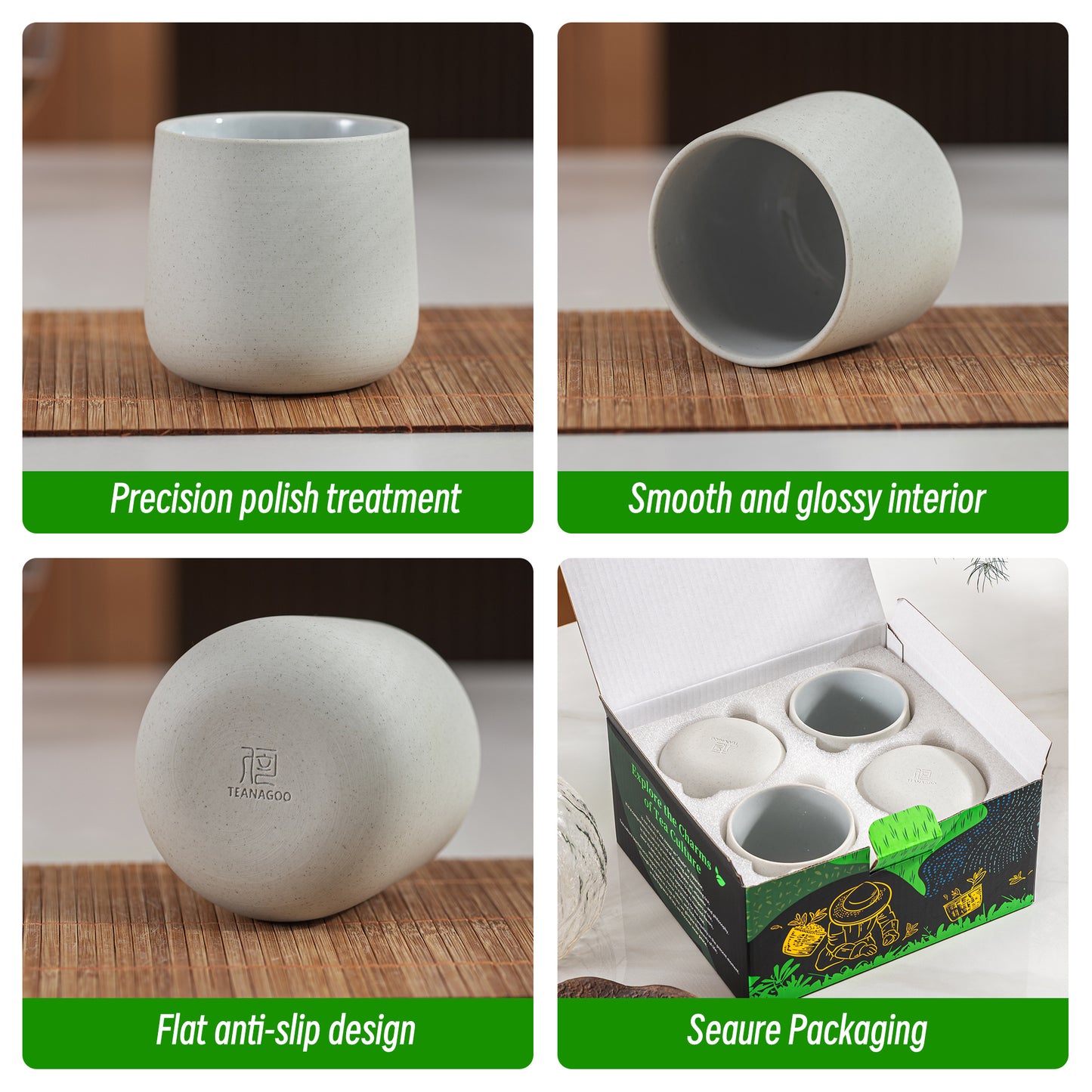 Juego de 4 tazas de té japonesas en blanco polvoriento 