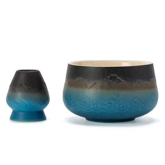 Matcha Bowl with Whisk Holder black blue round bowl