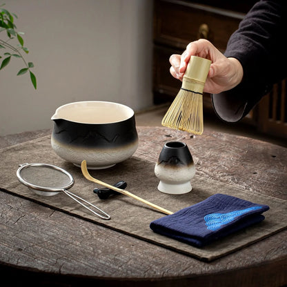Matcha Set-Beginner Set Landscape Black White Pointy Bowl