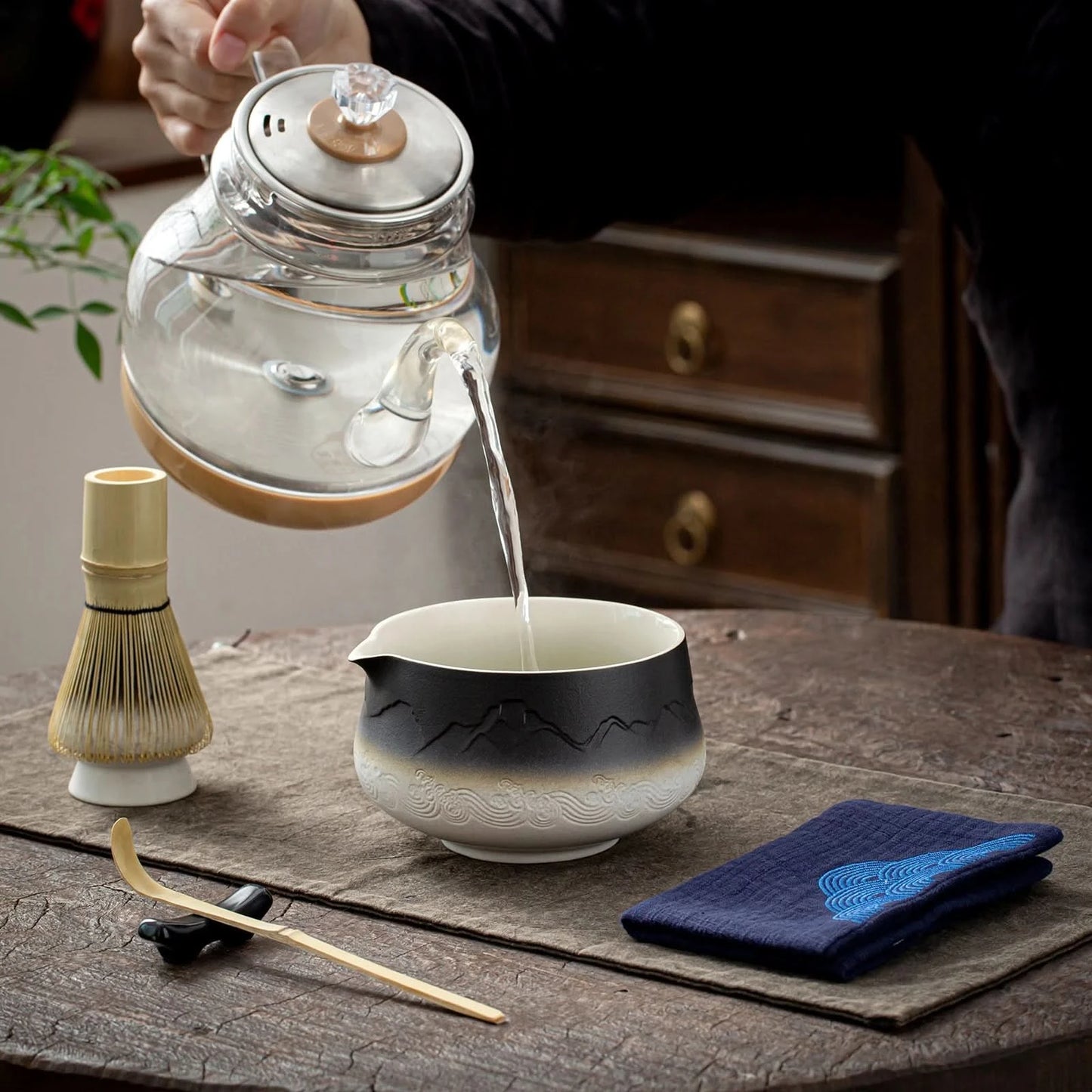 Matcha Set-Beginner Set Landscape Black White Pointy Bowl