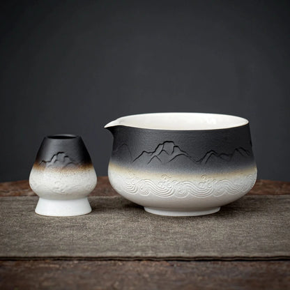 Matcha Set-Beginner Set Landscape Black White Pointy Bowl
