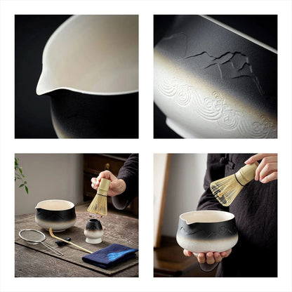 Matcha Set-Beginner Set Landscape Black White Pointy Bowl
