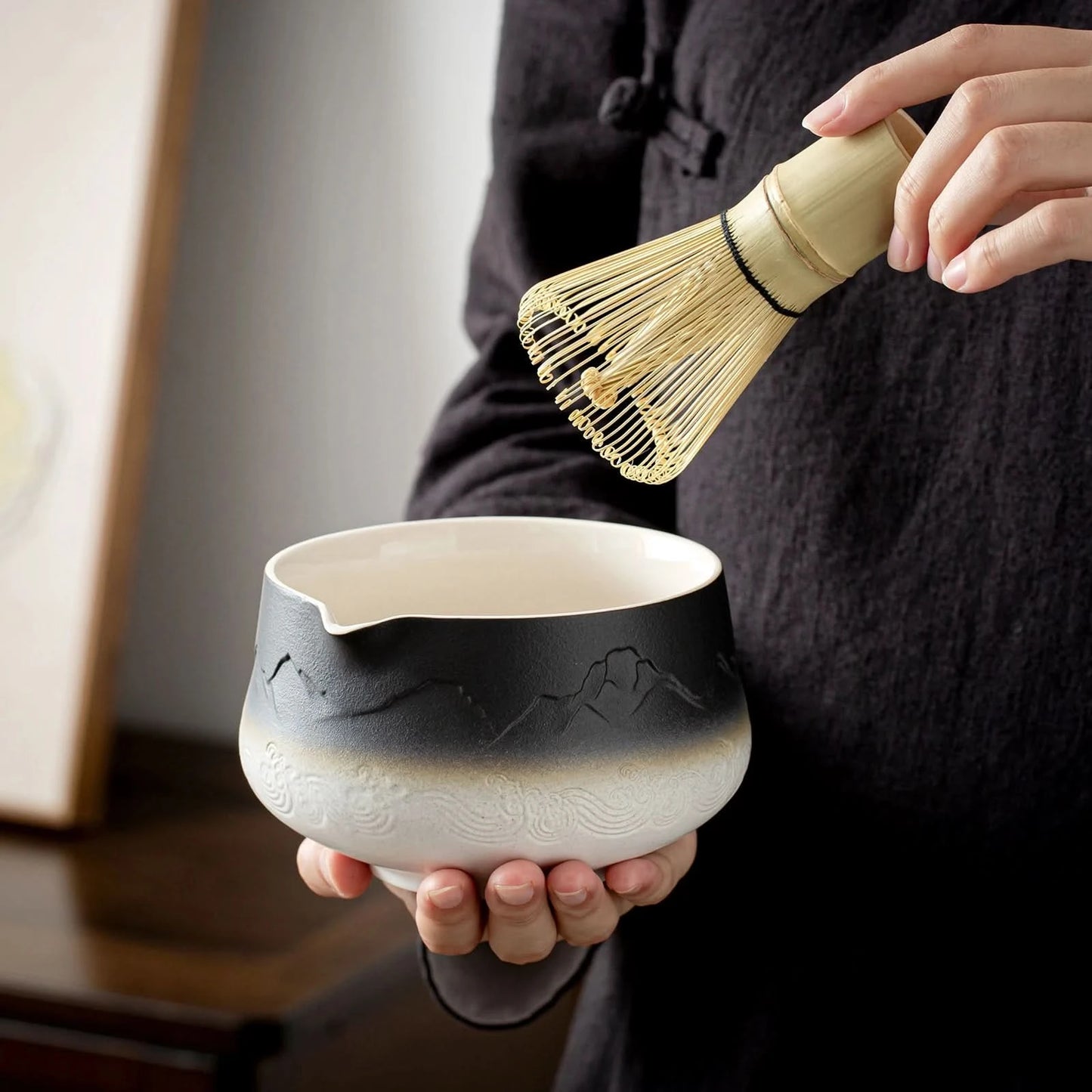 Matcha Set-Beginner Set Landscape Black White Pointy Bowl