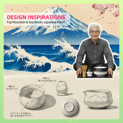 Set de Matcha para principiantes, cuenco puntiagudo blanco y negro con paisaje 