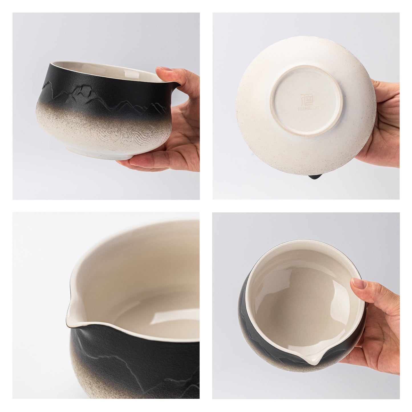 Set de Matcha para principiantes, cuenco puntiagudo blanco y negro con paisaje 