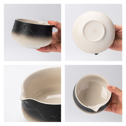 Set de Matcha para principiantes, cuenco puntiagudo blanco y negro con paisaje 