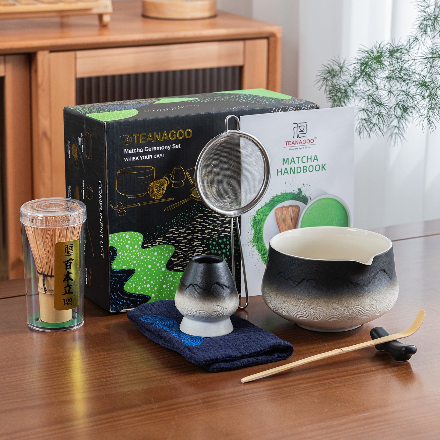 Set de Matcha para principiantes, cuenco puntiagudo blanco y negro con paisaje 