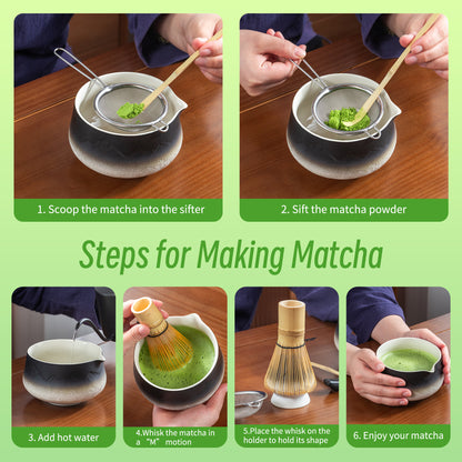 Set de Matcha para principiantes, cuenco puntiagudo blanco y negro con paisaje 