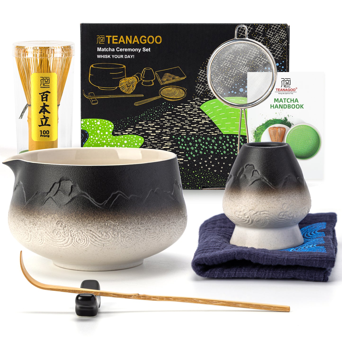Set de Matcha para principiantes, cuenco puntiagudo blanco y negro con paisaje 