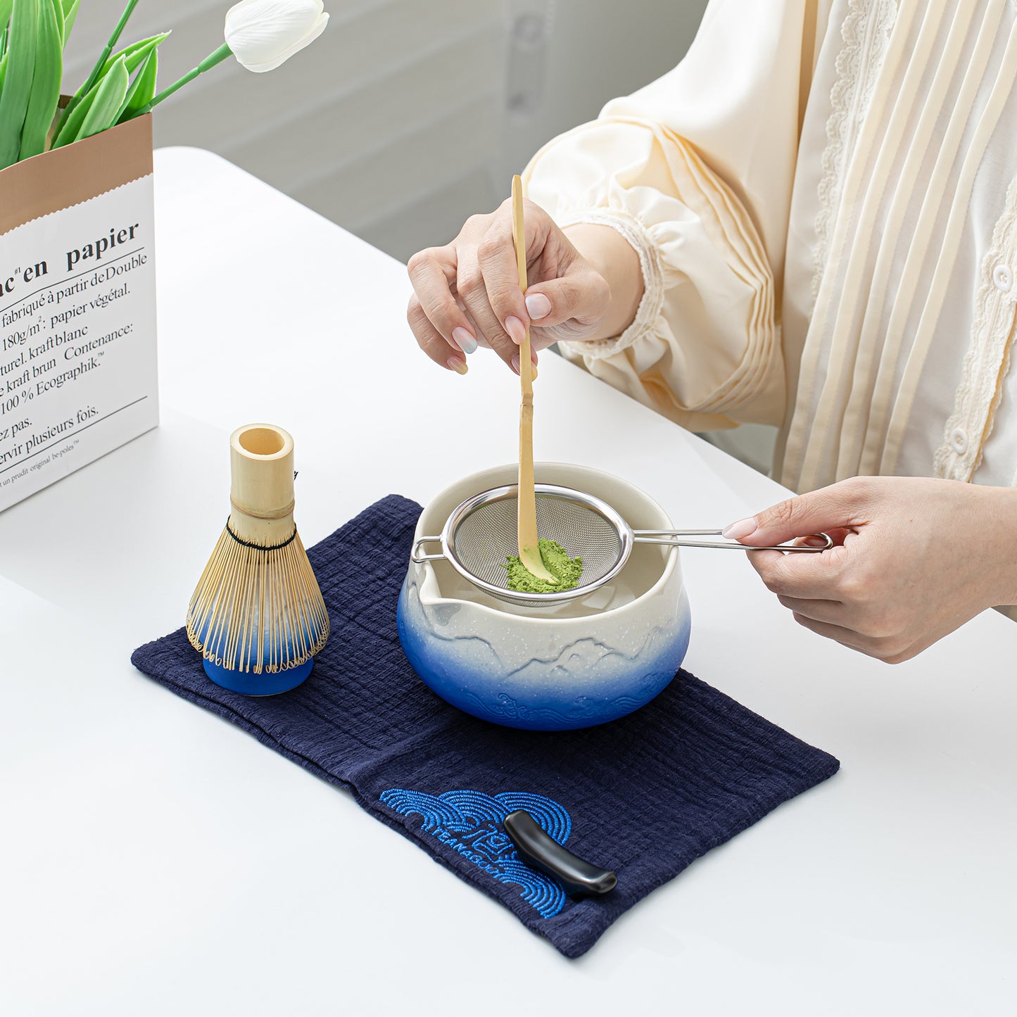 Snow Mountain Blue Matcha Bowl with Spout