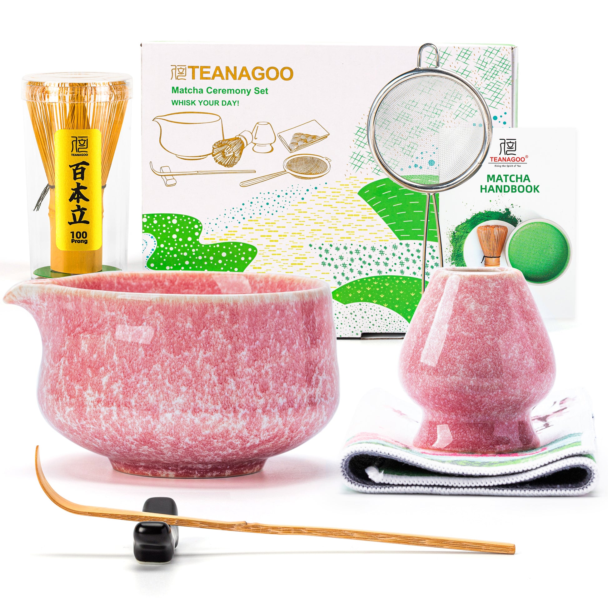 GBKDQQ Matcha-set, matcha-bezem, schaal en set roze met GBKDQQ Matcha-set, matcha-bezem, schaal en set roze met