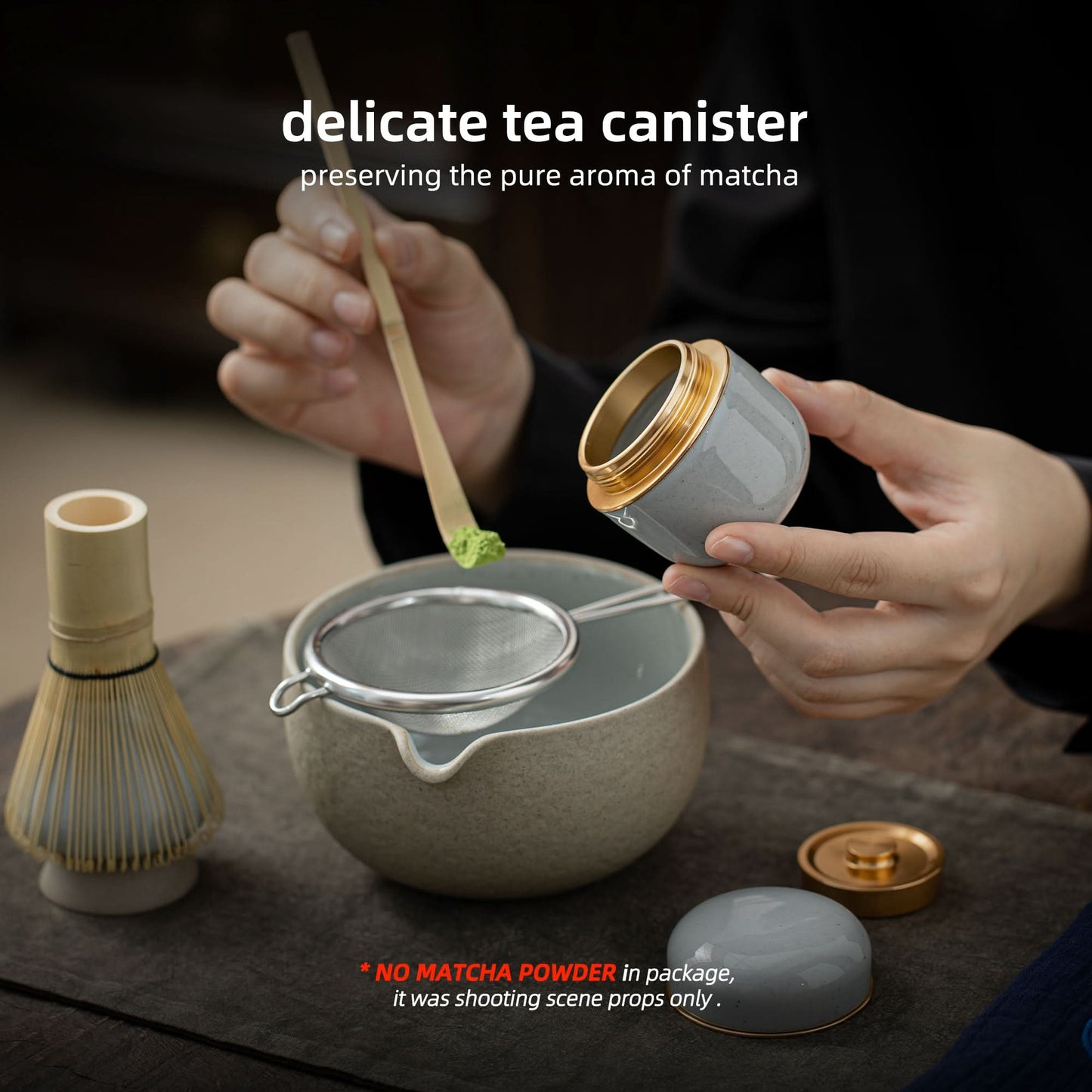 Tea Tin-Celadon Ceramic Tea Canister for Matcha Powder 18g Dusty Grey