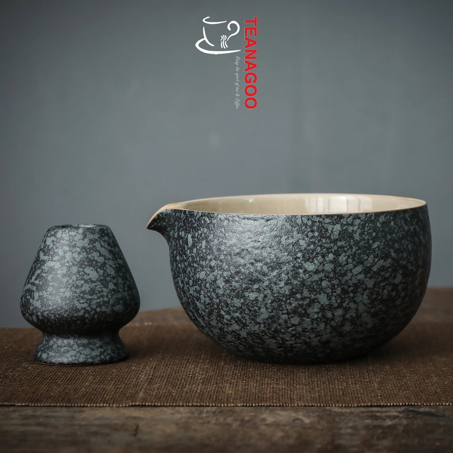 Japanese Natural Rock Texture Ceramic Matcha Chawan Ceramic Bowl with Whisk Rest Holder Matcha Tea Bowl Ceremonial Accessories