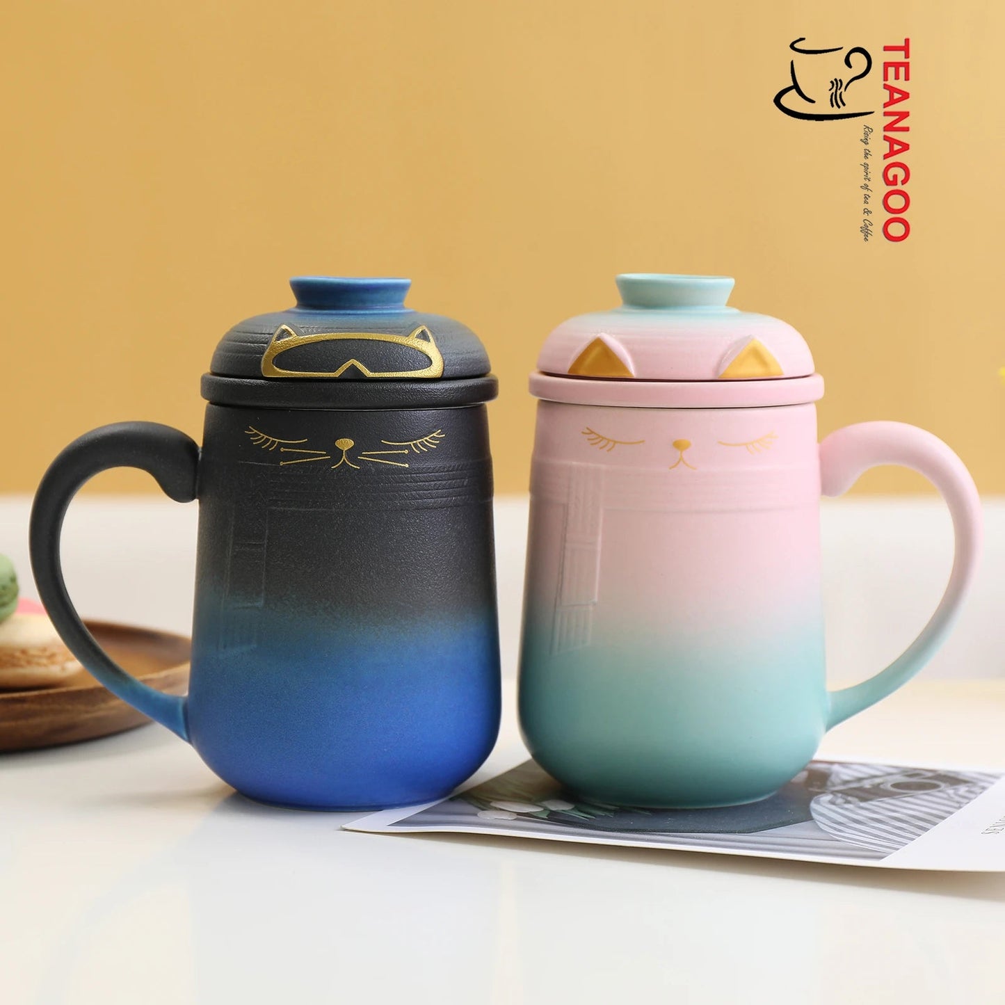 Ceramic Lovely Cat Tea Mug with Infuser & Lid & Color Box Packing