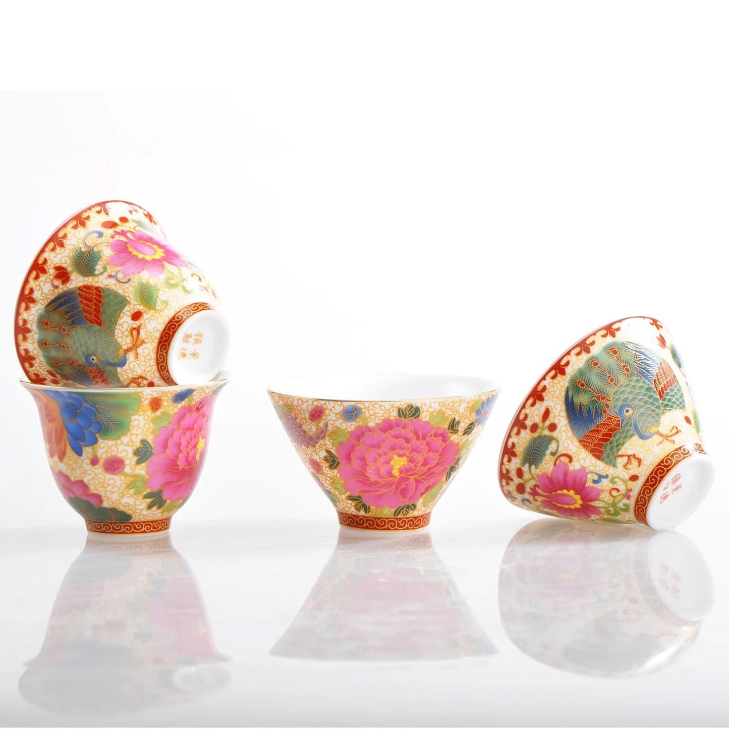 Porcelain Chinese tea cups, Peacock Peony