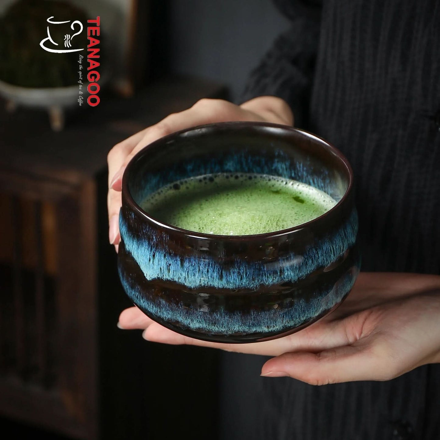 Ceramic Matcha Bowl with Whisk holder, 2pcs/set, Kiln color change, every piece is unique TG-K14