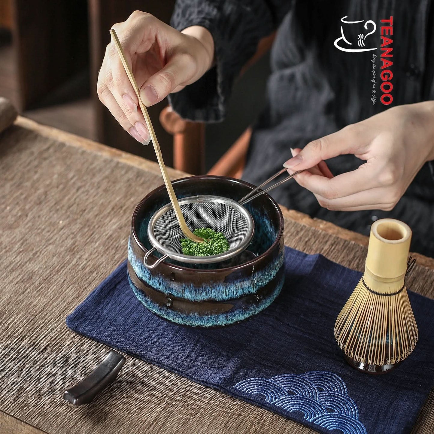 Ceramic Matcha Bowl with Whisk holder, 2pcs/set, Kiln color change, every piece is unique TG-K14