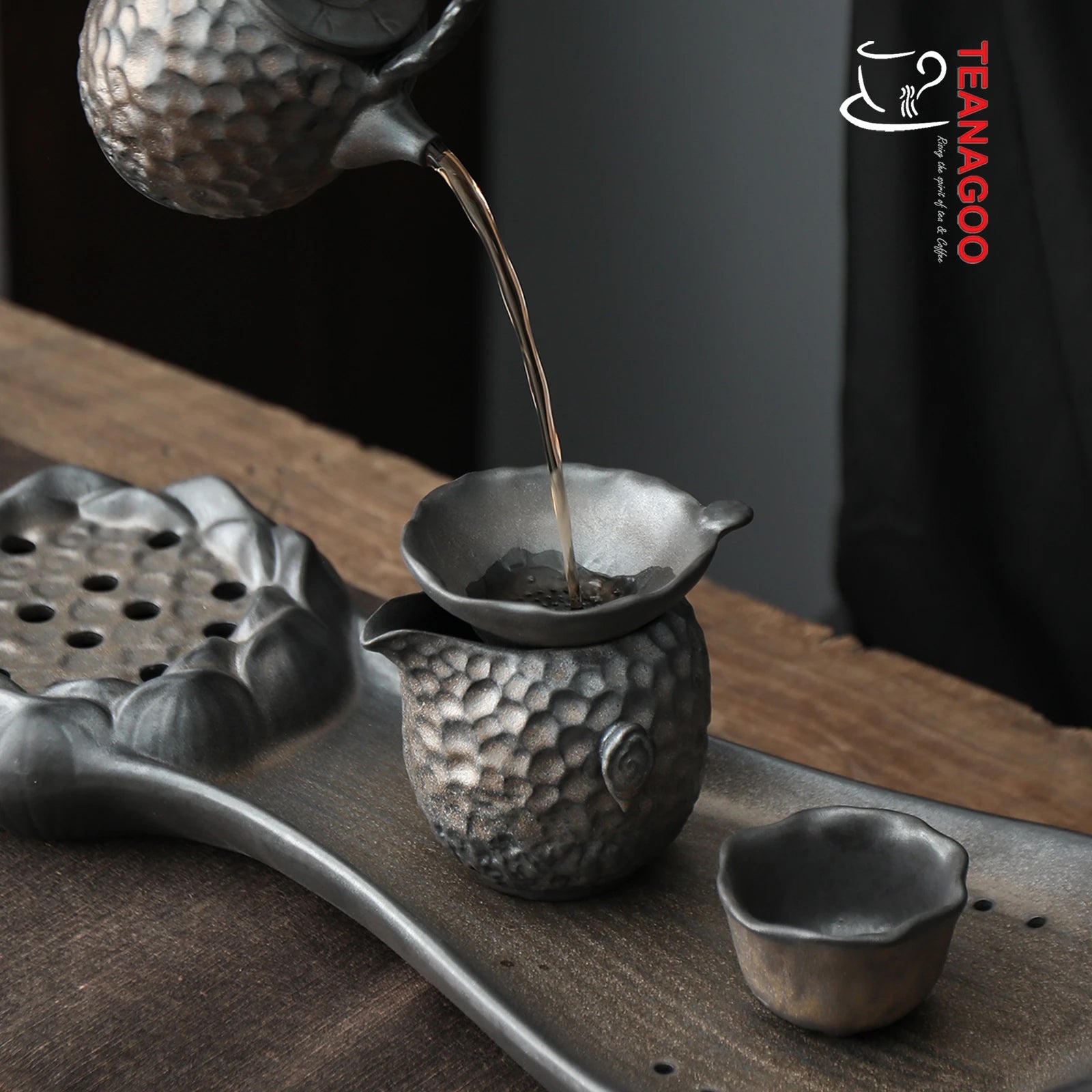 Gilt-Rust Glazed Ceramic Tea Strainer Set Handmade Teaware