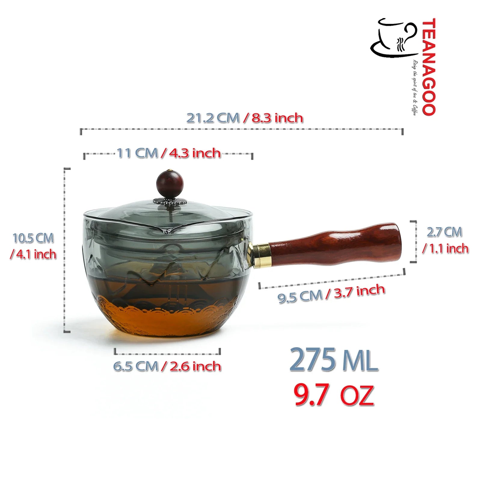 Glass Teapot with Infuser and Rosewood Handle 275ml Safe on Stove for Blooming and Loose Leaf Tea Maker