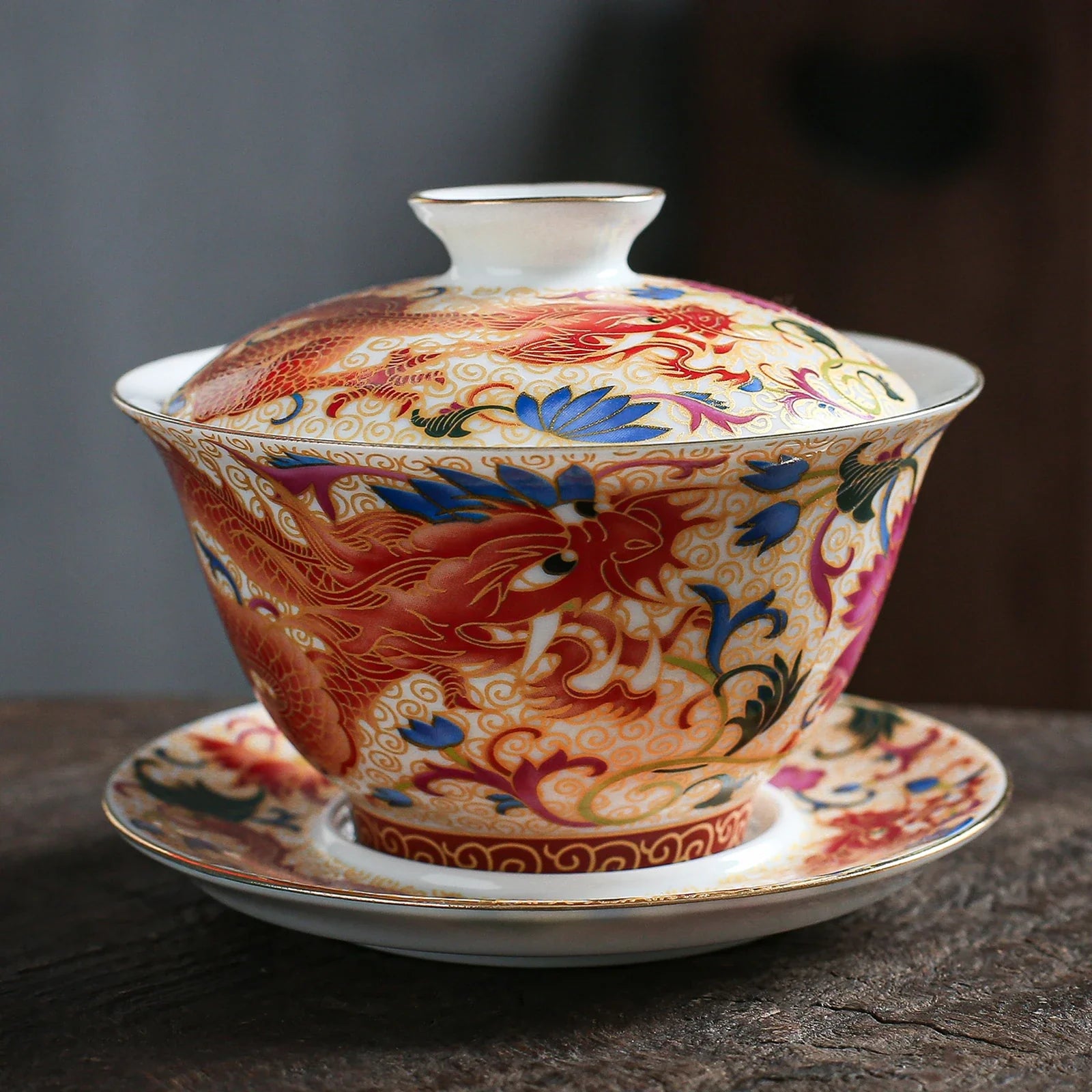 Handcrafted Chinese Porcelain Gaiwan Dragon Cover Bowl Set 115ml