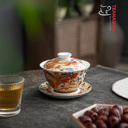 Handcrafted Chinese Porcelain Gaiwan Dragon Cover Bowl Set 115ml