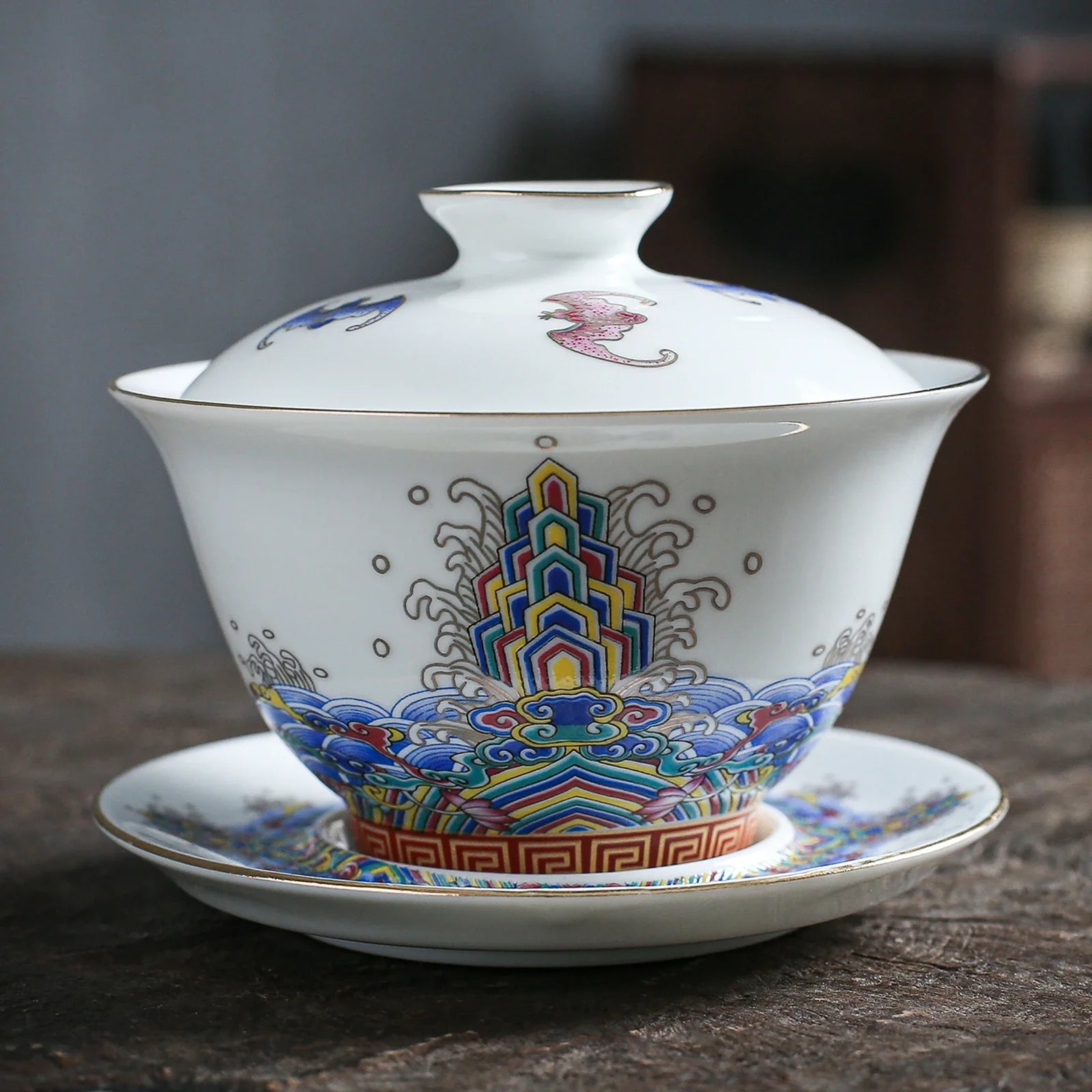 Handcrafted Chinese Porcelain Gaiwan Ocean Cover Bowl Set 115ml
