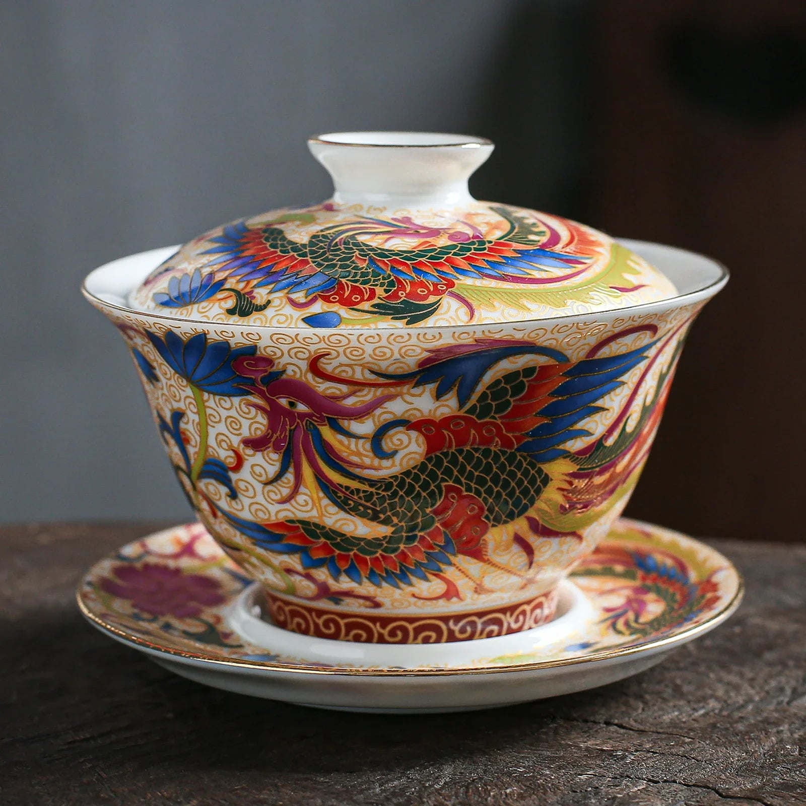 Handcrafted Chinese Porcelain Gaiwan Phoenix Cover Bowl Set 115ml