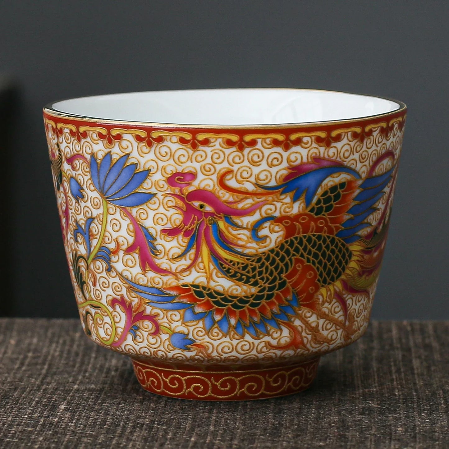 Handmade Chinese Dragon and Phoenix Enamel Porcelain Tea Cup